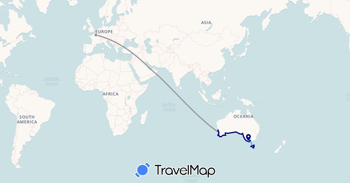 TravelMap itinerary: driving, plane, boat in Australia, France, Qatar (Asia, Europe, Oceania)